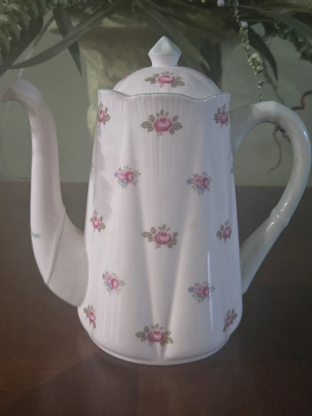 Shelley Rosebud Coffee Pot Green Trim Excellent Condition